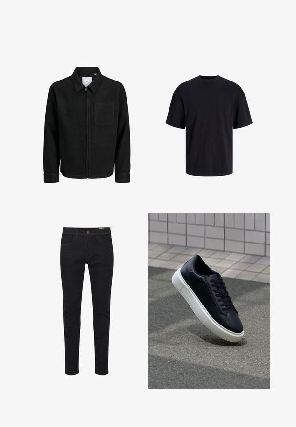Juodas džemperis su užtrauktuku, apykakle ir vienu krūtiniu kišenėje, pristatytas baltame fone.; Juodas medvilninis marškinėlis su apvaliu iškirpimu, trumpomis rankovėmis ir laisvu siluetu. Glotni tekstūra, be matomų raštų ar akcentų.; Juodi džinsai turi prigludusį dizainą, penkias kišenes, standartinį mygtuko uždarymą ir subtilią tekstūrą, užtikrinančią patvarumą.; Juodas odinis sportbačius su apvaliu pirštu ir baltu gumuotu padu. Turi plokščias raišteles ir minimalų siuvimą viršuje. Padangos tekstūra užtikrina sukibimą.