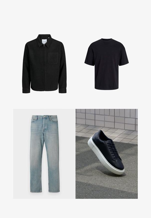 Juodas džemperis su užtrauktuku, apykakle ir vienu krūtiniu kišenėje, pristatytas baltame fone.; Juodas medvilninis marškinėlis su apvaliu iškirpimu, trumpomis rankovėmis ir laisvu siluetu. Glotni tekstūra, be matomų raštų ar akcentų.; Šviesiai mėlynos džinsinės kelnės su tiesiomis kojomis, su klasikinėmis penkiomis kišenėmis, mygtukų uždarymu ir lengvu nudilimu, suteikiančiu tekstūrą.; Juodas odinis sportbačius su apvaliu pirštu ir baltu gumuotu padu. Turi plokščias raišteles ir minimalų siuvimą viršuje. Padangos tekstūra užtikrina sukibimą.
