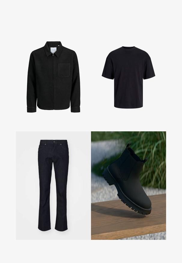 Czarna kurtka z zamkiem na całej długości, z kołnierzem i jedną kieszenią na piersi, umieszczona na białym tle.; Czarna bawełniana koszulka z okrągłym dekoltem, krótkimi rękawami i luźnym krojem. Gładka tekstura, bez widocznych wzorów czy akcentów.; Ciemnoniebieskie dżinsy o prostym kroju, z klasycznym stylem czterech kieszeni i subtelnym haftem. Zawierają metalowy guzik i nity.; Czarne botki za kostkę o gładkim wykończeniu, z elastycznymi bocznymi panelami i grubą, solidną podeszwą. Umieszczone na naturalnym tle na drewnianej powierzchni.