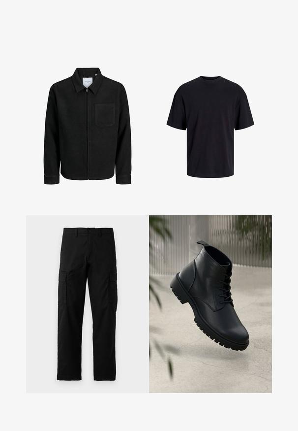 Giacca nera con zip, colletto e una tasca sul petto, mostrata su sfondo bianco.; T-shirt in cotone nero con collo rotondo, maniche corte e vestibilità morbida. Texture liscia senza pattern o dettagli visibili.; Pantaloni cargo neri realizzati in tessuto resistente, con tasche laterali, una vestibilità dritta e una chiusura con bottone in vita.; Stivali alla caviglia in pelle nera con punta arrotondata, design con lacci e suola in gomma robusta. Texture liscia con una linguetta sul retro.