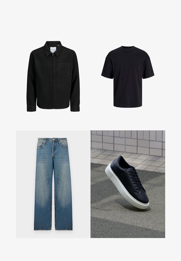 Crna jakna na zip s ovratnikom i jednim džepom na prsima, prikazana na bijeloj pozadini.; Crna pamučna majica s okruglim izrezom, kratkim rukavima i opuštenim krojem. Glatka tekstura bez vidljivih uzoraka ili dekoracija.; Svijetloplave široke traperice od denima, s visokim strukom, dizajnom s pet džepova i izblijedjelim dijelovima za vintage izgled.; Crne kožne tenisice s zaobljenim vrhom i bijelim gumiranim potplatom. Imaju ravne vezice i minimalno šivanje na gornjem dijelu. Teksturirani potplat za bolje prianjanje.
