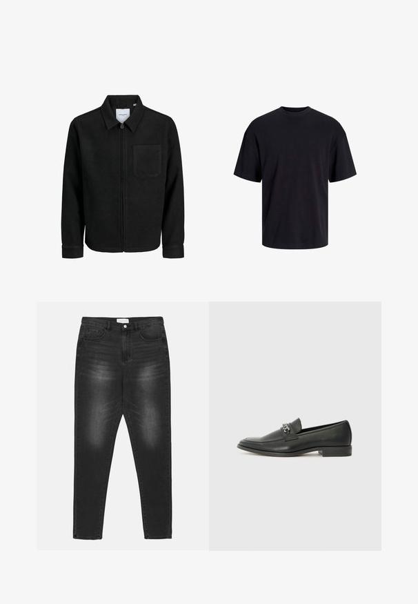 Svart zip-jacka med krage och en enda bröstficka, visad på vit bakgrund.; Svart bomullströja med rundad halsringning, korta ärmar och avslappnad passform. Slät textur utan synliga mönster eller detaljer.; Svarta denimjeans med en blekt tvätt, hög midja, femficksdesign och silverdetaljer. Rak benklippning med kontrasterande sömmar.; Svart läderloafers med en slät yta, med en sydd design och en dekorativ metallkedjeaccent över västen. Platt häldesign.