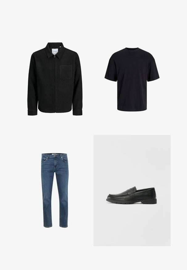 Juodas džemperis su užtrauktuku, apykakle ir vienu krūtiniu kišenėje, pristatytas baltame fone.; Juodas medvilninis marškinėlis su apvaliu iškirpimu, trumpomis rankovėmis ir laisvu siluetu. Glotni tekstūra, be matomų raštų ar akcentų.; Tamsiai mėlynos džinsinės kelnės su tiesiu kirpimu, penkiomis kišenėmis ir kontrastinga siuvinėta. Turi užtrauktuką ir metalinį mygtuką juosmens srityje.; Juodai odiniai loaferiai su sklandžiu paviršiumi, mokasino stiliaus viršus, siuvinėjimu ir guminėmis padangomis. Klasikinis dizainas su žemu kulnu.