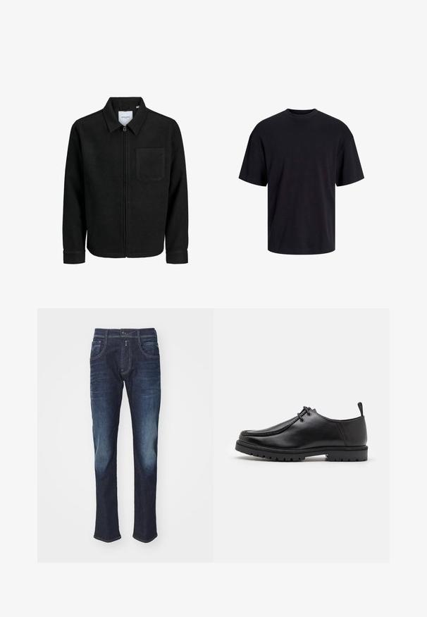 Mustaga lukuga jakker, millel on krae ja üks rinna-tasku, esitatud valgel taustal.; Must must on mustre, lühikeste varrukatega ja vabalt langev. Sile tekstuur ja ilma nähtavate mustrite või aktsentideta.; Tumesin sinine teksad, millel on esi-taskud, nupp ja kerged kulumisjäljed reitel ja põlvedel, heleda ühevärvilise tausta ees.; Must küljest musta nahast sidumisjalatsiga, millel on tugeva tallaga ja kandmiselauaga, valge tausta ees.