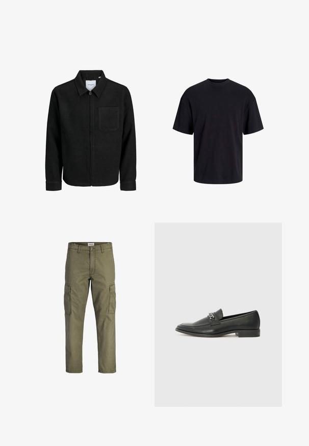 Jachetă neagră cu fermoar, cu guler și un singur buzunar pe piept, expusă pe fundal alb.; Tricou din bumbac negru, cu guler rotund, mâneci scurte și o croială lejeră. Textură netedă și fără modele sau accente vizibile.; Pantaloni cargo verde măsliniu din material de bumbac, cu buzunare laterale, croi drept și talie cu închidere prin nasture.; Pantofii negri din piele cu un finisaj neted, având un design cusut și un accent decorativ de lanț metalic peste partea de sus. Toc plat.