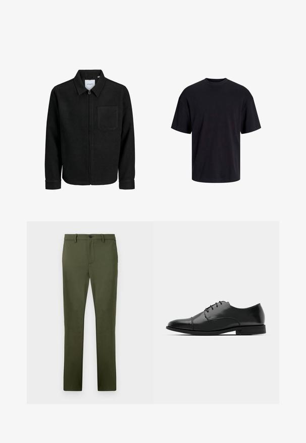 Black zip-up jacket with collar and single chest pocket, displayed on white background.; Black cotton t-shirt with a crew neckline, short sleeves, and a relaxed fit. Smooth texture and no visible patterns or accents.; Olive green pants made of a smooth fabric, featuring a straight cut, front pockets, and a single button closure. Minimalist design details.; Black leather dress shoe with a rounded toe, lace-up design, subtle stitching details, and a low heel. Smooth texture with polished finish.