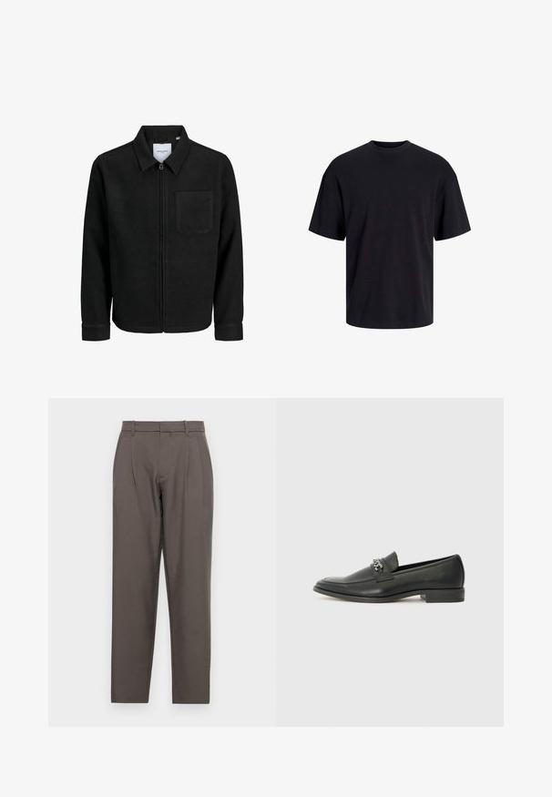 Čierna zipsová bunda s golierom a jednou náprsníkou, vystavená na bielom pozadí.; Čierne bavlnené tričko s okrúhlym výstrihom, krátkymi rukávmi a uvoľneným strihom. Hladká textúra bez viditeľných vzorov alebo akcentov.; Jack & Jones JPSTBILL JJDAYTONA WIDE - Nohavice - pavement; Čierne kožené loafers s hladkým povrchom, s prešitým dizajnom a dekoratívnym kovovým reťazovým akcentom cez priehlavok. Plochý podpätok.