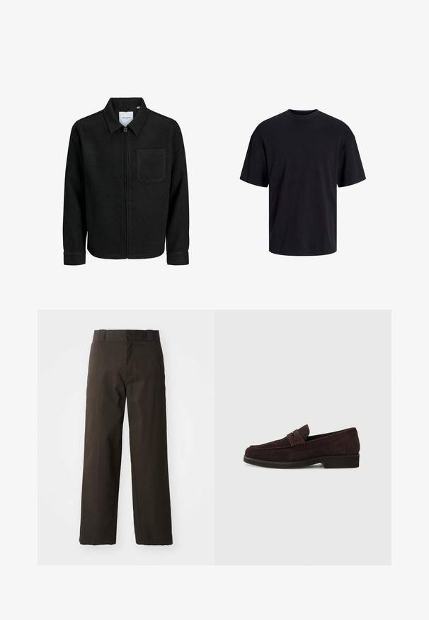 Melna jaka ar rāvējslēdzēju un apkakli, vienu krūšu kabatu, parādīta uz baltas fona.; Melns kokvilnas T-krekls ar apaļu kakla izgriezumu, īsām piedurknēm un brīvu piegriezumu. Gluda tekstūra un nav redzamu rakstu vai akcentu.; Melni kokvilnas bikses ar taisnu kāju dizainu, ar pogu aizdari un klasisku jostasvietu. Gluda tekstūra, bez rakstiem vai akcentiem.; Brūni zamšaini loferi ar zemu profilu un apaļu purngalu. Iespējo dekoratīva josta pāri augšdaļai, plakana gumijas zole un nav redzama šuvuma.