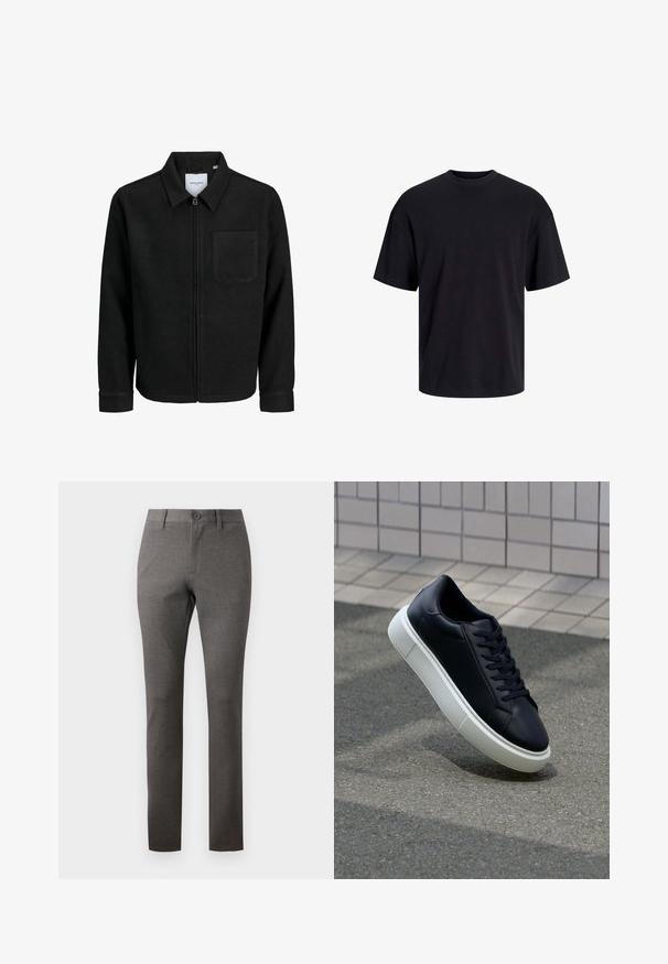 Black zip-up jacket with collar and single chest pocket, displayed on white background.; Black cotton t-shirt with a crew neckline, short sleeves, and a relaxed fit. Smooth texture and no visible patterns or accents.; Gray trousers featuring a textured fabric, straight fit, front pockets, and a single button closure at the waist.; Black leather sneaker with rounded toe and white rubber sole. Features flat laces and minimal stitching on the upper. Textured sole for grip.