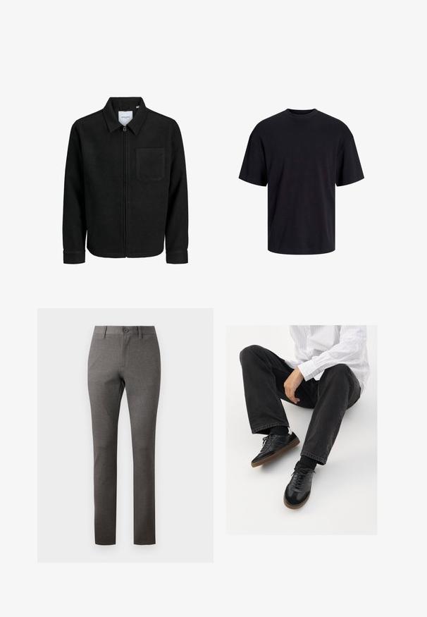 Veste zippée noire avec col et poche poitrine unique, présentée sur fond blanc.; T-shirt en coton noir avec un col ras du cou, des manches courtes et une coupe décontractée. Texture lisse sans motifs ni accents visibles.; Pantalons gris avec un tissu texturé, coupe droite, poches avant et une fermeture à bouton unique à la taille.; Sneakers noirs avec un dessus lisse et texturé, dotés d'une semelle en caoutchouc et de lacets sombres. Associés à un jean noir et une chemise blanche à rayures.