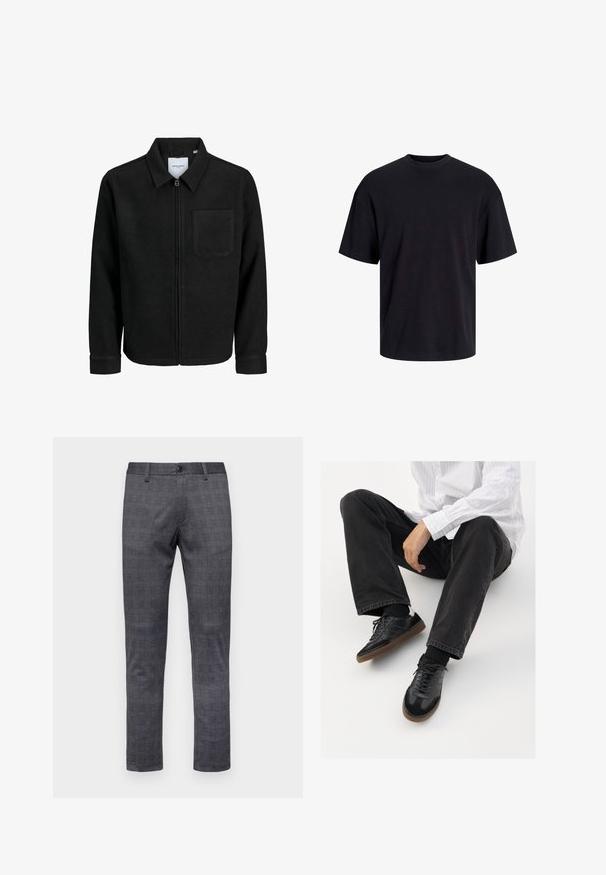 Giacca nera con zip, colletto e una tasca sul petto, mostrata su sfondo bianco.; T-shirt in cotone nero con collo rotondo, maniche corte e vestibilità morbida. Texture liscia senza pattern o dettagli visibili.; Pantaloni grigi a quadri con vestibilità slim, dotati di chiusura con bottone, passanti per cintura e tessuto testurizzato.; Sneaker nere con una tomaia liscia e testurizzata, con suola in gomma e lacci scuri. Abbinati a jeans neri e una camicia bianca a righe.