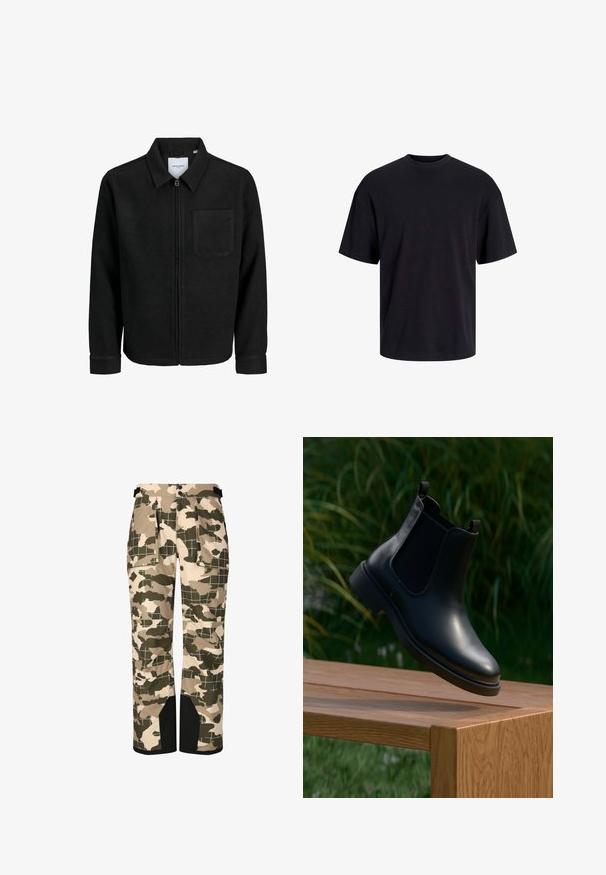 Sort lynlåsjakke med krave og en enkelt brystlomme, vist på hvid baggrund.; Sort bomulds t-shirt med rund hals, korte ærmer og en afslappet pasform. Glat tekstur uden synlige mønstre eller accenter.; Kamuflage-mønstrede bukser i beige og grøn. Lavet af syntetisk materiale med en løs pasform og flere lommer. Sorte detaljer ved manchetterne.; Sort læder ankelstøvle med elastiske sidepaneler, der svæver over en træbænk, med grønne planter i baggrunden.