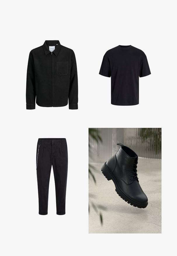 Schwarze Zip-Jacke mit Kragen und einer einzelnen Brusttasche, auf weißem Hintergrund präsentiert.; Schwarzes Baumwoll-T-Shirt mit Rundhalsausschnitt, kurzen Ärmeln und lässiger Passform. Glatte Oberflächenstruktur und keine sichtbaren Muster oder Akzente.; Schwarze Hose mit elastischem Bund, ausgestattet mit vorderen Falten und einem silbernen Kettenakzent auf der linken Seite. Stoff aus Baumwollmischung.; Schwarze Lederstiefeletten mit runder Zehenform, Schnürdesign und robustem Gummisohle. Glatte Textur mit einer Zuglasche an der Rückseite.