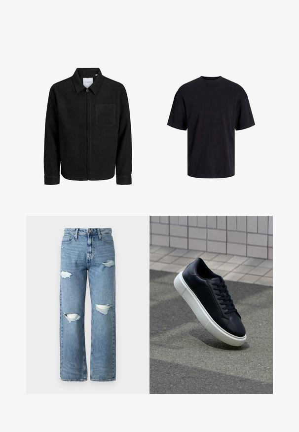 Czarna kurtka z zamkiem na całej długości, z kołnierzem i jedną kieszenią na piersi, umieszczona na białym tle.; Czarna bawełniana koszulka z okrągłym dekoltem, krótkimi rękawami i luźnym krojem. Gładka tekstura, bez widocznych wzorów czy akcentów.; Jasnoniebieskie dżinsy z wysokim stanem, w szerokim kroju, z dwoma przetarciami na kolanach i klasycznym pięciokieszeniowym fasonem.; Czarne skórzane sneakersy z okrągłym noskiem i białą gumową podeszwą. Posiadają płaskie sznurowadła i minimalne przeszycia na cholewce. Teksturowana podeszwa zapewnia przyczepność.
