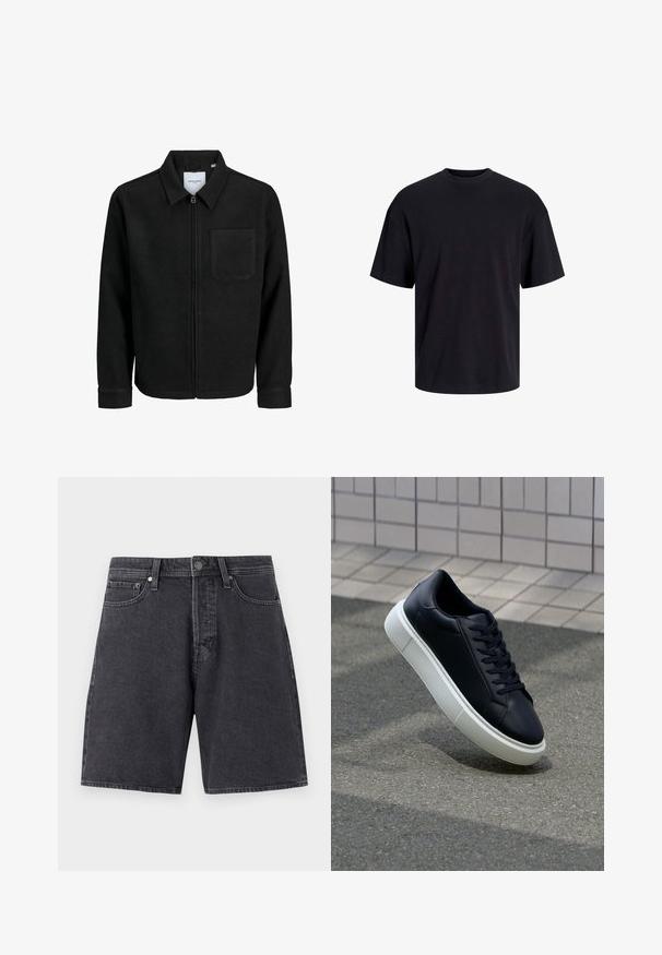 Melna jaka ar rāvējslēdzēju un apkakli, vienu krūšu kabatu, parādīta uz baltas fona.; Melns kokvilnas T-krekls ar apaļu kakla izgriezumu, īsām piedurknēm un brīvu piegriezumu. Gluda tekstūra un nav redzamu rakstu vai akcentu.; Tumši pelēku džinsu šorti ar taisnu piegriezumu. Iespējas ietver divas priekšējās kabatas, vienu aizmugures kabatu un metāla pogu aizdari.; Melnas ādas kedas ar noapaļotu pirkstu un baltu gumijas zoli. Iespējas - plakanas šņorītes un minimāla apdare augšdaļā. Struktūrēta zole, lai nodrošinātu saķeri.