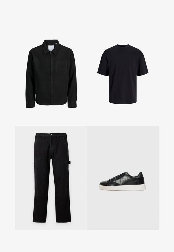 Mustaga lukuga jakker, millel on krae ja üks rinna-tasku, esitatud valgel taustal.; Must must on mustre, lühikeste varrukatega ja vabalt langev. Sile tekstuur ja ilma nähtavate mustrite või aktsentideta.; Mustadest puuvillast püksid sirge jala lõikega, millel on põlvekaitse detailid, nööpkinnitus ja küljetaskud. Sile tekstuur, minimaalne disain.; Mustad mustad mustad kroko-reljeefiga nahast ülemine osa, ümar varvas ja kontrastne valge kummitald, millel on sile viimistlus.