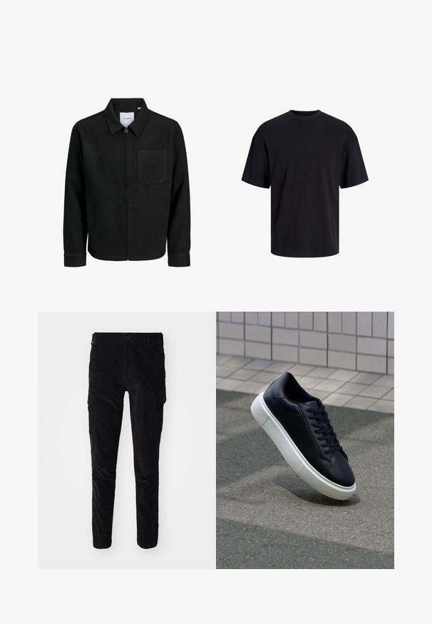 Črna jakna z zadrgo in ovratnikom ter enim žepom na prsih, prikazana na beli podlagi.; Črna bombažna majica s krojačkom izrezom, kratkimi rokavi in sproščenim krojem. Gladka tekstura in brez vidnih vzorcev ali poudarkov.; Črne kordalne hlače s oprijetim krojem, opremljene s cargo žepi na straneh in gladko teksturo. Zaključene s standardnim gumbom in zadrgo.; Črne usnjene superge z zaobljenim prstom in belim gumijastim podplat. Imajo ravne vezalke in minimalno šivanje na zgornjem delu. Teksturirani podplat za oprijem.