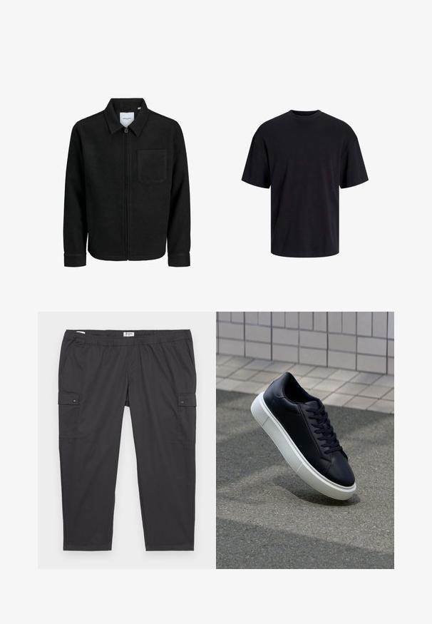 Black zip-up jacket with collar and single chest pocket, displayed on white background.; Black cotton t-shirt with a crew neckline, short sleeves, and a relaxed fit. Smooth texture and no visible patterns or accents.; Black cargo pants with an elastic waistband, side pockets, and snap button accents. Made of lightweight, smooth fabric.; Black leather sneaker with rounded toe and white rubber sole. Features flat laces and minimal stitching on the upper. Textured sole for grip.