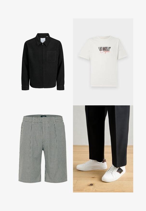 Mustaga lukuga jakker, millel on krae ja üks rinna-tasku, esitatud valgel taustal.; Valge puuvillane T-särk lühikeste varrukatega ja ümaral kaelusel. Esiküljel on must ja punane "Los Angeles California" kujutis. Lihtne, mugav lõige.; Meeste kohandatud lühikesed püksid tumesinise ja kreemika ruudulise mustriga. Omab lamedat esiosa, kahte külje taskut ja vöökoht koos vööaasadega.; Valged sneakersid siledat tekstuurist, millel on pruunad nahast detailid ja mustad aksessuaarid, millele on sobitatud mustad kohandatud püksid. Puitpõranda taust.