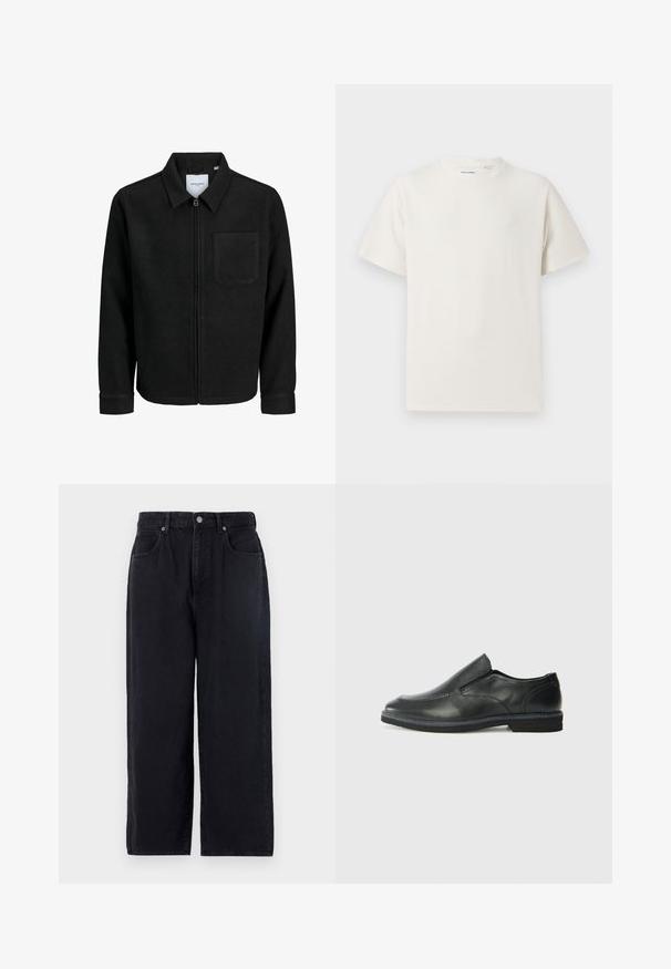 Musta vetoketjullinen takki, jossa on kaulus ja yksi rintatasku, esitelty valkoista taustaa vasten.; Valkoinen lyhythihainen T-paita ribbikuviossa. Pyöreä kaula-aukko, rento istuvuus, ei näkyviä kuvioita tai yksityiskohtia. Yksinkertainen ja monikäyttöinen muotoilu.; Musta farkkutakki suoralla lahkeella, jossa on viisi taskua, nappikiinnitys ja siisti viimeistely. Kestävä kangas matta pinnalla.; Musta nahkainen liukujalkine, jossa on sileä pinta, ommeltuja yksityiskohtia, pyöristetty kärki ja matala kumipohja. Pohjassa on minimaalinen pito.