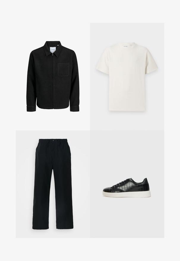 Juodas džemperis su užtrauktuku, apykakle ir vienu krūtiniu kišenėje, pristatytas baltame fone.; Balta trumpa rankovė T-polo marškinėlių su juostelėmis tekstūra. Apvalus iškirpimas, laisvas fasonas, jokių matomų raštų ar akcentų. Paprastas ir universalus dizainas.; Juodos kelnes, pagamintas iš lengvo audinio, su elastine juosta ir raišteliu, mygtuko užsegimu ir tiesiu kojų dizainu.; Juodi sportiniai batai su tekstūruotu krokodilo odos pamušalu, apvalia kojų dalimi ir kontrastinga balta guma su lygiu paviršiumi.