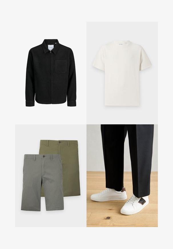 Jachetă neagră cu fermoar, cu guler și un singur buzunar pe piept, expusă pe fundal alb.; Tricou alb cu maneci scurte, dintr-un material ribbed. Guler rotund, croi lejer, fără modele sau accente vizibile. Design simplu și versatil.; Două perechi de pantaloni scurți în culorile verde și măsliniu. Ambele au o textură netedă, închidere cu nasturi și un design frontal plat. Fără modele vizibile.; Sneakers albe cu textură netedă, având accente din piele maro și detalii negre, asociate cu pantaloni negri pe măsură. Fundal din podea din lemn.