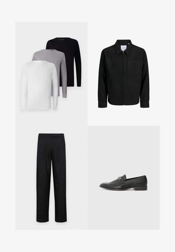 Črna jakna z zadrgo in ovratnikom ter enim žepom na prsih, prikazana na beli podlagi.; Set petih majic s dolgimi rokavi: črna, bela, siva. Narejene iz bombaža, imajo okroglo ovratnik in enostavne dizajne, brez okrasitev.; Črne hlače iz gladkega materiala, s krojem ravne noge, dvema sprednjima pregiboma in standardnim pasom z zankami za pas.; Črni usnjeni loafer z gladko površino, ki ima šivano zasnovo in dekorativni kovinski verižni naglas preko vampirja. Ravno peto.