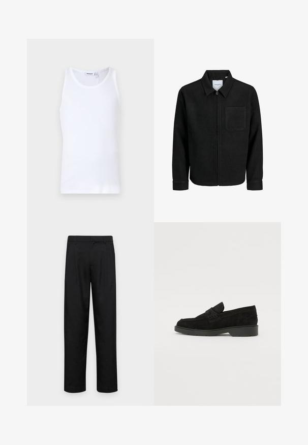 Melna jaka ar rāvējslēdzēju un apkakli, vienu krūšu kabatu, parādīta uz baltas fona.; Balta kokvilnas bezpiedurkņu krekla ar apaļu izgriezumu un platām siksniņām. Gluda tekstūra, bez rakstiem, vienkāršs dizains un zīmola etiķete uz kakla izgriezuma.; Melnas bikses, izgatavotas no gludas auduma, ar taisnu kāju dizainu, divām priekšējām krokām un standarta jostu, kurai ir āķi.; Melni zamšādas loafers ar zemu papēdi, kas aprīkoti ar vienkāršu joslu pāri augšai un teksturētu detalizāciju sānos.