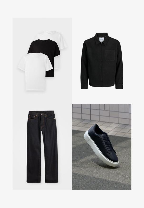 Fekete, zipzáros dzseki gallérral és egyetlen mellzsebbel, fehér háttéren.; Három kereknyakú póló: egy fekete és kettő fehér. Rövid ujjak, klasszikus fazon, pamutból készült, sima textúrával.; Férfi egyenes szabású fekete farmernadrág öt zsebbel és narancssárga varrással, gombos és cipzáros záródással elöl.; Fekete bőr sportcipő lekerekített orral és fehér gumitalppal. Lapos fűzőkkel és minimális varrásokkal rendelkezik a felsőrészén. Mintás talp a tapadásért.