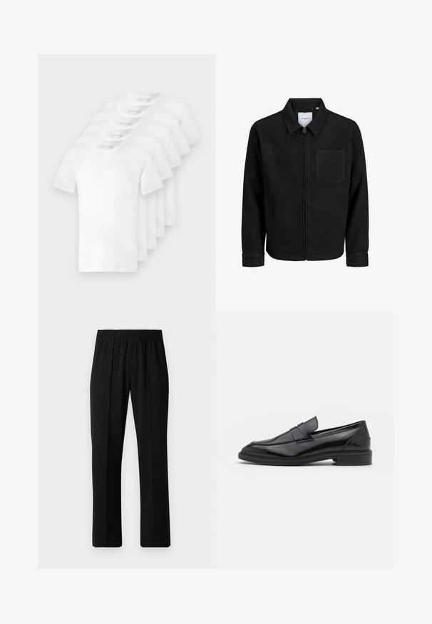 Melna jaka ar rāvējslēdzēju un apkakli, vienu krūšu kabatu, parādīta uz baltas fona.; Pieci baltie kokvilnas T-krekli ar īsām piedurknēm un apaļām kakla izgriezēm, sakrauti kārtīgi. Uz apkakles ir uzraksts "Selected".; Melni elastīgi bikses ar taisnas kājas dizainu, ar gludu tekstūru un bez redzamām zīmēm vai detaļām.; Melnas ādas loafers ar gludu virsmu, ar noapaļotu purngalu un šauru joslu pāri augšdaļai. Zems kaudzes papēdis.