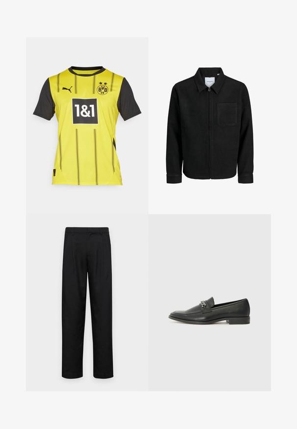 Fekete, zipzáros dzseki gallérral és egyetlen mellzsebbel, fehér háttéren.; Sárga és fekete, rövid ujjú sportmez függőleges csíkokkal, logóval, 1&1-es számmal egy dobozban, és Puma márkázással a vállon.; Fekete nadrág sima anyagból, egyenes szárú fazonnal, két elülső redővel és közönséges derékkal, övhurkokkal.; Fekete bőr loaferek sima felülettel, varrott mintával és díszítő fém lánccal a cipő elején. Lapos sarok.