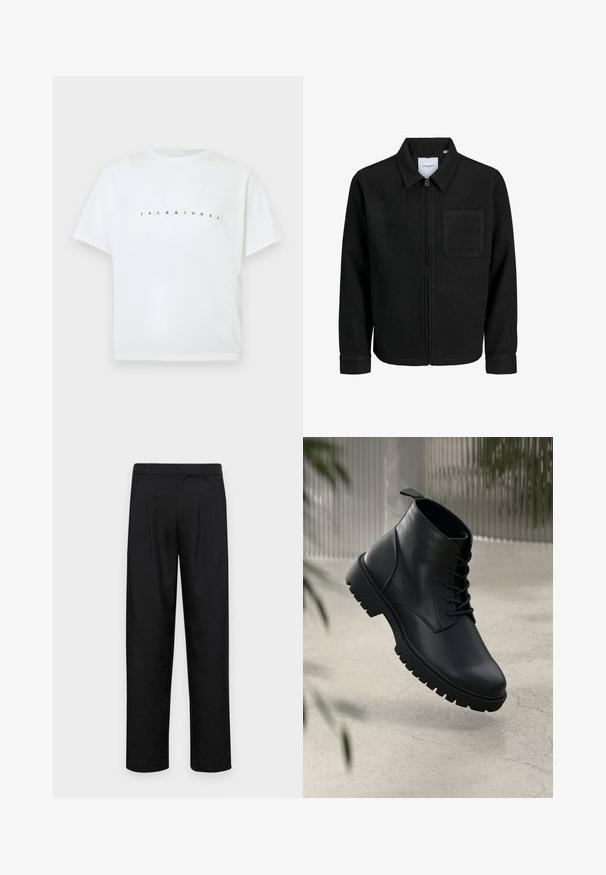 Black zip-up jacket with collar and single chest pocket, displayed on white background.; White short-sleeve cotton t-shirt with "JACK & JONES" printed across the chest in small, spaced black letters.; Black trousers made of smooth fabric, featuring a straight-leg design, two front pleats, and standard waistband with belt loops.; Black leather ankle boots with a rounded toe, lace-up design, and rugged rubber sole. Smooth texture with a pull tab at the back.