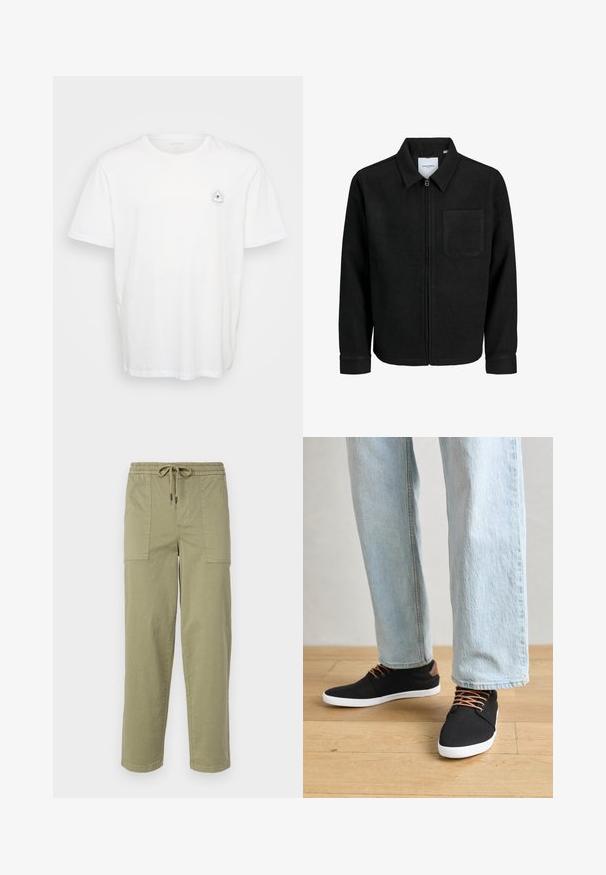 Musta vetoketjullinen takki, jossa on kaulus ja yksi rintatasku, esitelty valkoista taustaa vasten.; Valkoinen puuvillapaita, jossa on pyöreä kaula-aukko ja lyhyet hihat. Huomattava graafinen suunnittelu, jossa on silmä säteiden ympäröimänä vasemmassa rinnassa.; Vaaleanoliivinvihreät housut, jotka on valmistettu puuvillasekoitteesta. Housuissa on joustava vyötärö, joka sisältää nyörin, sekä kaksi suurta sivutaskua.; Mustat canvas-kengät ruskeilla yksityiskohdilla, valkoisilla kumipohjilla ja ruskeilla nauhoilla, yhdistettynä vaaleansiniin suoriin farkkuihin. Taustalla puulattia.