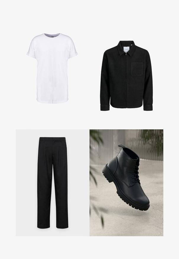 Czarna kurtka z zamkiem na całej długości, z kołnierzem i jedną kieszenią na piersi, umieszczona na białym tle.; Biała bawełniana koszulka z krótkim rękawem, okrągłym dekoltem i luźnym krojem. Gładka faktura i brak widocznych wzorów czy zdobień.; Czarne spodnie wykonane z gładkiego materiału, z prostą nogawką, dwoma fałdami z przodu oraz standardowym paskiem z wypustkami na pasek.; Czarne skórzane botki na kostkę z okrągłym noskiem, sznurowanym zapięciem i solidną gumową podeszwą. Gładka struktura z pętelką z tyłu.