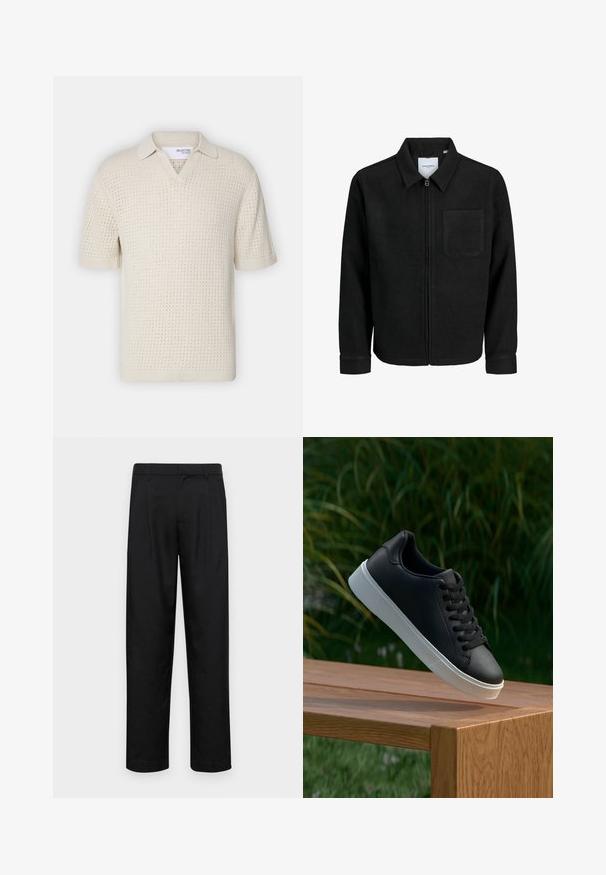 Juodas džemperis su užtrauktuku, apykakle ir vienu krūtiniu kišenėje, pristatytas baltame fone.; Trumpa rankovė, kreminės spalvos mezginio polo marškiniai su V formos iškirpte, su tekstūruotu raštu ir mezginiais rankogaliais. Lengva ir kvėpuojanti medžiaga.; Juodi kelnių modeliai, pagaminti iš lygios medžiagos, turi tiesią kojas, du priekiniai klostės ir standartinę juosmenį su diržo kilpomis.; Juodas odinis sportbačių modelis su lygiu paviršiumi, baltu guminio pado ir šešiomis skylutėmis raišteliams, eksponuojamas ant medinės paviršiaus.