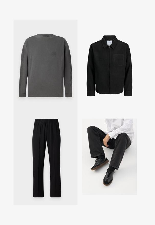 Juodas džemperis su užtrauktuku, apykakle ir vienu krūtiniu kišenėje, pristatytas baltame fone.; Pilkas ilgas rankovės marškinėliai iš medvilnės mišinio, apvaliu kaklu, su subtiliu logotipu ir abstrakčiais raštais ant rankovių; minkšta tekstūra.; Juodos, elastingos juosmens kelnės su tiesiomis kojomis, turinčios lygų paviršių ir be matomų raštų ar detalių.; Juodi sportbačiai su lygiu ir tekstūruotu paviršiumi, turi guminį padas ir tamsias raištelius. Suderinti su juodomis džinsais ir balta juostuota marškinėliais.