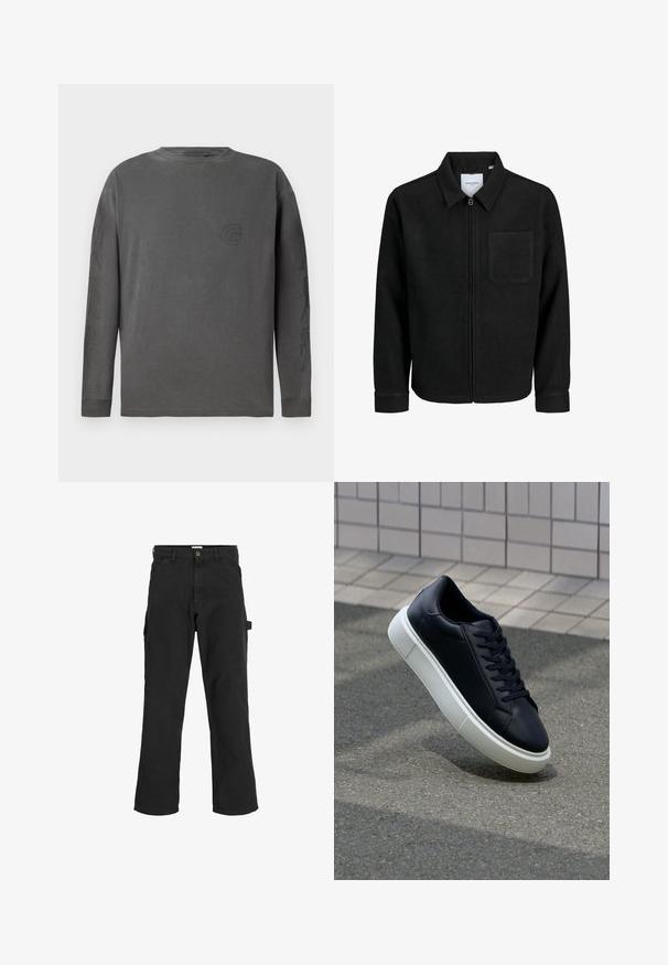 Schwarze Zip-Jacke mit Kragen und einer einzelnen Brusttasche, auf weißem Hintergrund präsentiert.; Graues Langarm-T-Shirt aus Baumwollmischung, mit Rundhalsausschnitt, verfügt über ein dezentes Logo und abstrakte Designs auf den Ärmeln; weiche Textur.; Schwarze Cargo-Hosen aus einem Baumwoll-Mischgewebe. Mit weitem Bein, schrägen Taschen vorne und einer Seitentasche mit einer Schlaufe für Accessoires.; Schwarze Leder-Sneaker mit runder Zehenpartie und weißer Gummisohle. Verfügt über flache Schnürsenkel und minimale Nähte im Obermaterial. Strukturiertes Sohlenprofil für besseren Halt.