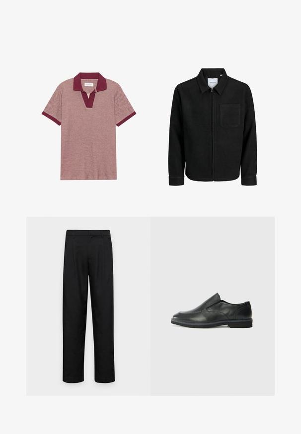 Fekete, zipzáros dzseki gallérral és egyetlen mellzsebbel, fehér háttéren.; Rövid ujjú poloing bordó és világospiros textúrával, mély V-nyakkal, valamint kontrasztos bordó gallérral és mandzsettával.; Fekete nadrág sima anyagból, egyenes szárú fazonnal, két elülső redővel és közönséges derékkal, övhurkokkal.; Fekete bőr, slip-on cipő sima felsőrésszel, varrott díszítéssel, lekerekített orral és alacsony gumitalppal. A talpa minimális bordázattal rendelkezik.