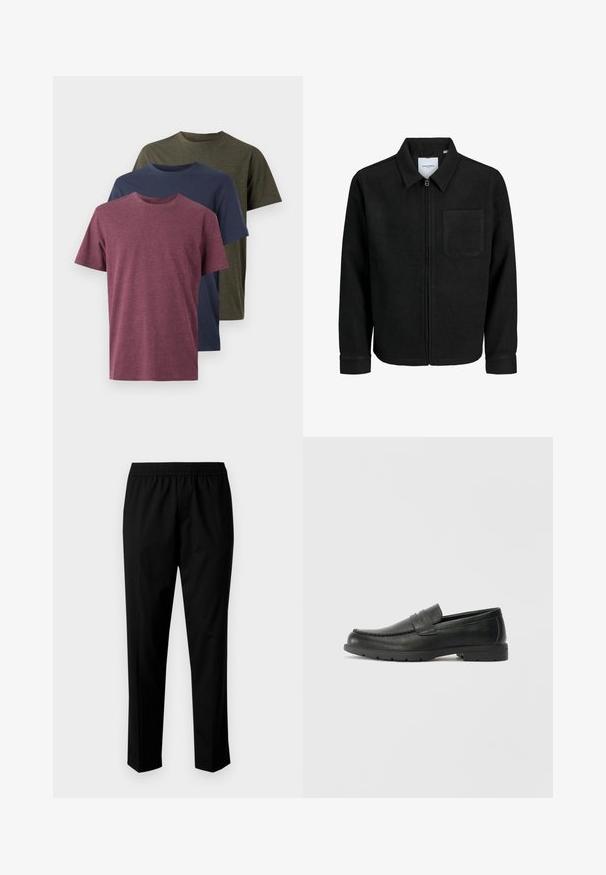 Giacca nera con zip, colletto e una tasca sul petto, mostrata su sfondo bianco.; Tre t-shirt di cotone esposte: color bordeaux, blu navy e verde oliva. Design con scollo rotondo, maniche corte e una finitura morbida e testurizzata.; Pantaloni neri con una vita elastica, caratterizzati da un design a gamba dritta. Il tessuto sembra liscio con una texture opaca, senza motivi visibili.; Mocassini neri in pelle con una finitura liscia, parte superiore in stile mocassino, dettagli cuciti e suola in gomma. Design classico con tacco basso.