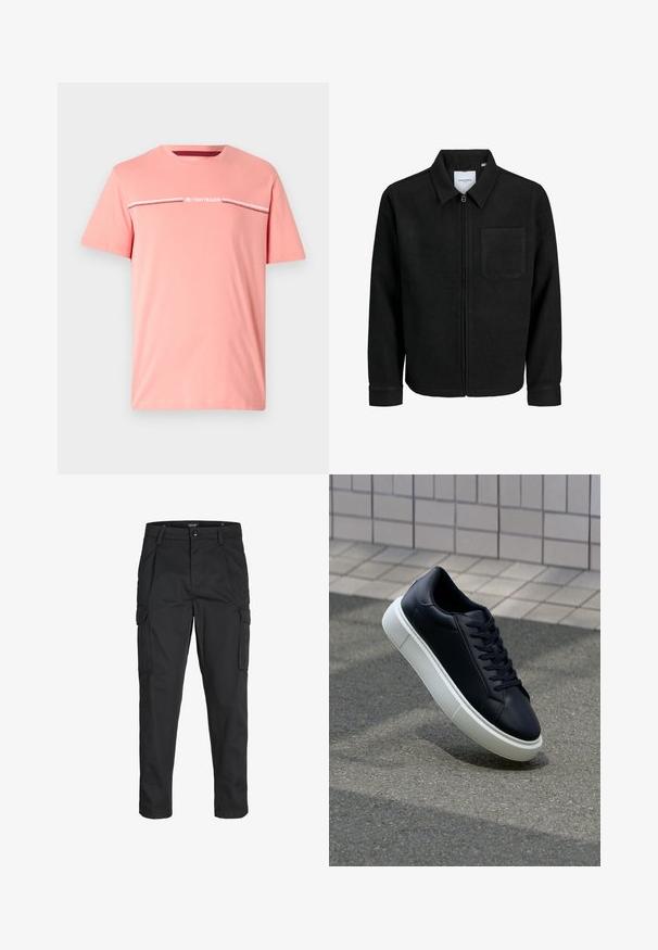 Černá zipová bunda s límečkem a jednou kapsou na hrudi, vystavená na bílém pozadí.; Světle růžové tričko vyrobené z bavlny. Má kulatý výstřih, krátké rukávy a bílé logo se dvěma vodorovnými pruhy přes hrudník.; Černé cargo kalhoty vyrobené z odolné tkaniny, s mnoha kapsami, knoflíkovým zapínáním a slim fit střihem se zúženými nohavicemi.; Černé kožené tenisky s kulatou špičkou a bílou gumovou podrážkou. mají ploché tkaničky a minimální šití na svršku. Texturovaná podrážka pro lepší přilnavost.
