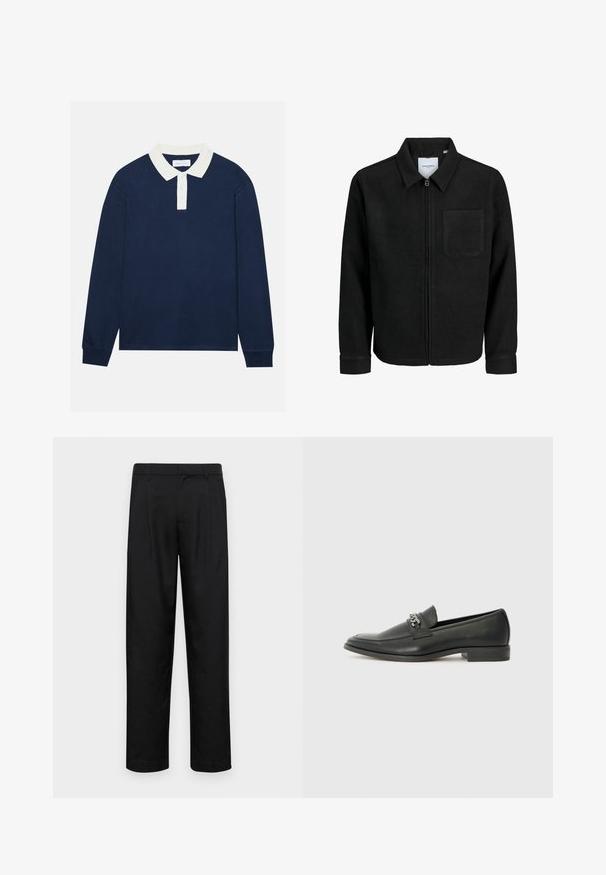 Czarna kurtka z zamkiem na całej długości, z kołnierzem i jedną kieszenią na piersi, umieszczona na białym tle.; Granatowa koszulka polo z długim rękawem, z białym prążkowanym kołnierzykiem i zapięciem na trzy guziki. Miękka tekstura, prosty krój u dołu i prążkowane mankiety.; Czarne spodnie wykonane z gładkiego materiału, z prostą nogawką, dwoma fałdami z przodu oraz standardowym paskiem z wypustkami na pasek.; Czarne skórzane mokasyny o gładkim wykończeniu, z haftowanym wzorem i dekoracyjnym akcentem z metalowego łańcucha na wierzchu. Płaska pięta.