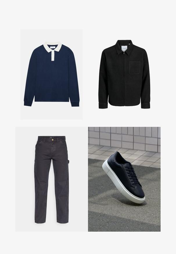 Giacca nera con zip, colletto e una tasca sul petto, mostrata su sfondo bianco.; Polo a maniche lunghe blu navy con colletto a coste bianco e pattina con tre bottoni. Texture morbida, orlo dritto e polsini a coste.; Pantaloni cargo grigio scuro realizzati in tessuto resistente, con un taglio dritto, cinque tasche e chiusura a bottoni in vita.; Sneaker in pelle nera con punta arrotondata e suola in gomma bianca. Presenta lacci piatti e cuciture minime sulla parte superiore. Suola testurizzata per una migliore aderenza.