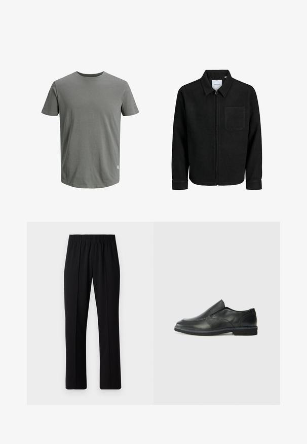 Giacca nera con zip, colletto e una tasca sul petto, mostrata su sfondo bianco.; Jack & Jones JJENOA TEE CREW NECK - T-shirt basic - sedona sage; Pantaloni neri con vita elasticizzata e design a gamba dritta, caratterizzati da una texture liscia e senza motivi o hardware visibili.; Scarpa nera in pelle con inserto scivolare, superiore liscio, dettagli cuciti, punta arrotondata e tacco in gomma basso. La suola presenta un battistrada minimale.
