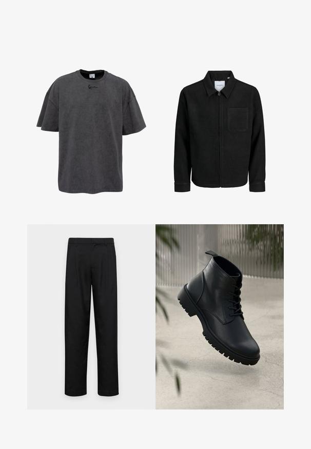 Mustaga lukuga jakker, millel on krae ja üks rinna-tasku, esitatud valgel taustal.; Hall ka suuruses T-särk, mis on valmistatud puuvillasegistusest, omab ümmargust kaelust ja lühikesi varrukaid. Rinnal on tagasihoidlikud brodeeritud logo.; Mustad mustadest riietest, millel on sirge jalgade disain, kaks eesmist voltimist ja tavaline vöökoht, millel on vöökohad.; Mustad mustad nahast ankle saapad, ümmarguse nina, nööbidest sulgemise ja robustse kummitald. Sile tekstuur ja tõmbetab tagaküljel.