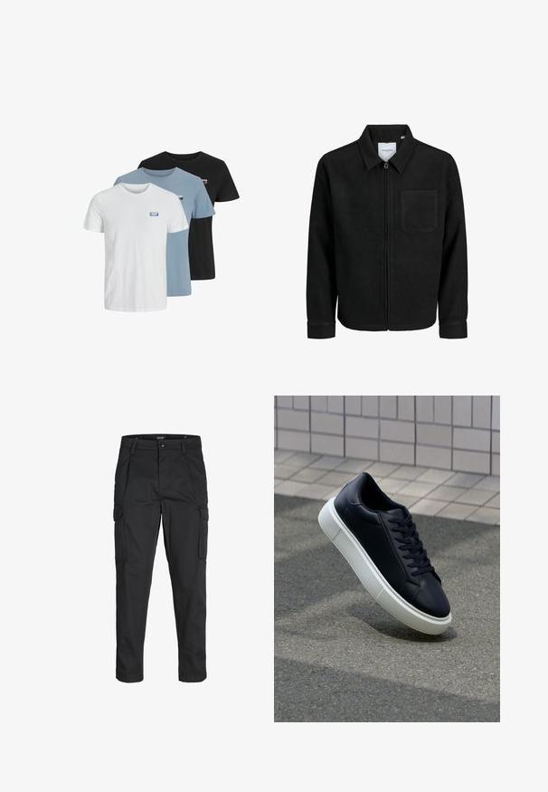 Giacca nera con zip, colletto e una tasca sul petto, mostrata su sfondo bianco.; Tre magliette a manica corta in bianco, azzurro chiaro e nero, realizzate in cotone. Ognuna presenta un piccolo logo sulla parte sinistra del petto.; Pantaloni cargo neri realizzati in un tessuto resistente, dotati di molteplici tasche, chiusura con bottone e un design aderente con gambe affusolate.; Sneaker in pelle nera con punta arrotondata e suola in gomma bianca. Presenta lacci piatti e cuciture minime sulla parte superiore. Suola testurizzata per una migliore aderenza.