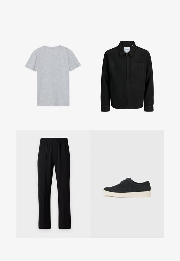 Black zip-up jacket with collar and single chest pocket, displayed on white background.; Gray short-sleeve t-shirt made from soft cotton blend, featuring a classic round neckline and a smooth, lightweight texture.; Black, elastic-waist trousers with a straight-leg design, featuring a smooth texture and no visible patterns or hardware.; Black suede lace-up shoe with a rounded toe, lightweight cream sole, and subtle blue stitching accents on the upper.