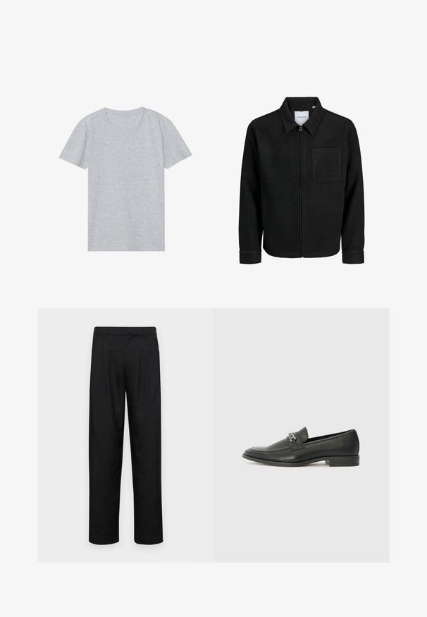 Schwarze Zip-Jacke mit Kragen und einer einzelnen Brusttasche, auf weißem Hintergrund präsentiert.; Graues kurzärmliges T-Shirt aus weichem Baumwollmix, mit klassischem Rundhalsausschnitt und einer glatten, leichten Textur.; Schwarze Hose aus glattem Stoff, mit geradem Bein Design, zwei vorderen Falten und einem Standardbund mit Gürtelschlaufen.; Schwarzer Lederloafer mit glatter Oberfläche, ausgestattet mit einer gesteppten Gestaltung und einem dekorativen Metallkettendetail über dem Vorderblatt. Flacher Absatz.