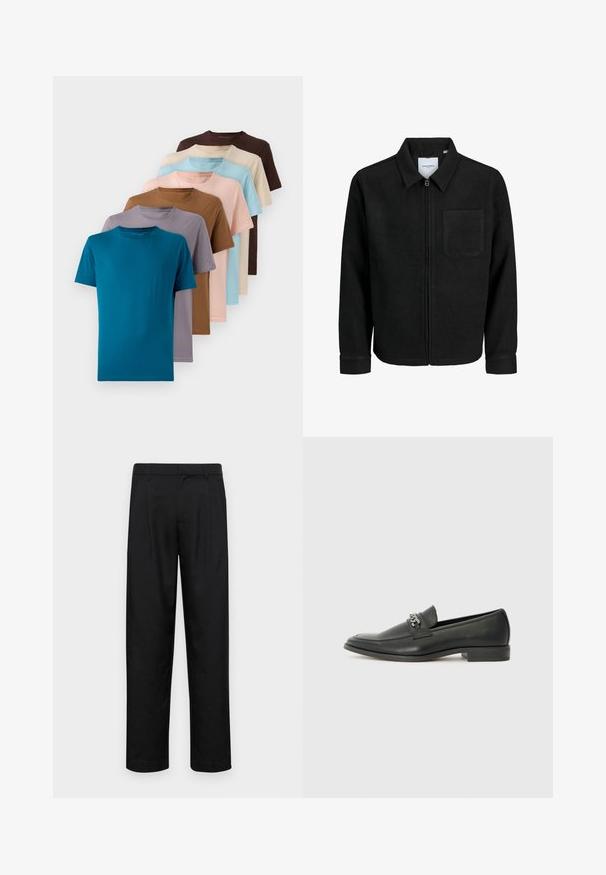 Musta vetoketjullinen takki, jossa on kaulus ja yksi rintatasku, esitelty valkoista taustaa vasten.; Setti kahdeksasta pyöreäkauluksisesta t-paidasta eri väreissä: turkoosi, ruskea, beige, vaaleansininen, vaaleanpunainen, harmaa ja laventeli, valmistettu sileästä kankaasta.; Mustat housut, jotka on valmistettu sileästä kankaasta, suoran lahkeen muotoilulla, kahdella etupleekillä ja tavanomaisella vyötäröllä, jossa on vyölenkit.; Musta nahkakengät, joissa on sileä pinta, koristeelliset ompeleet ja metalliketjun yksityiskohta kengän päällä. Littee korko.