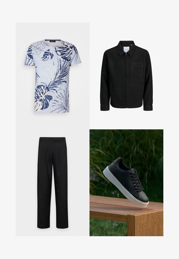 Schwarze Zip-Jacke mit Kragen und einer einzelnen Brusttasche, auf weißem Hintergrund präsentiert.; Hellblaues Kurzarm-T-Shirt mit einem weißen und marineblauen tropischen Blattmuster. Rundhalsausschnitt, weiches Material, entspannte Passform und keine sichtbaren Befestigungen.; Schwarze Hose aus glattem Stoff, mit geradem Bein Design, zwei vorderen Falten und einem Standardbund mit Gürtelschlaufen.; Schwarze Leder-Sneaker mit glatter Oberfläche, weißer Gummisohle und sechs Ösen für Schnürsenkel, auf einer Holzfläche präsentiert.