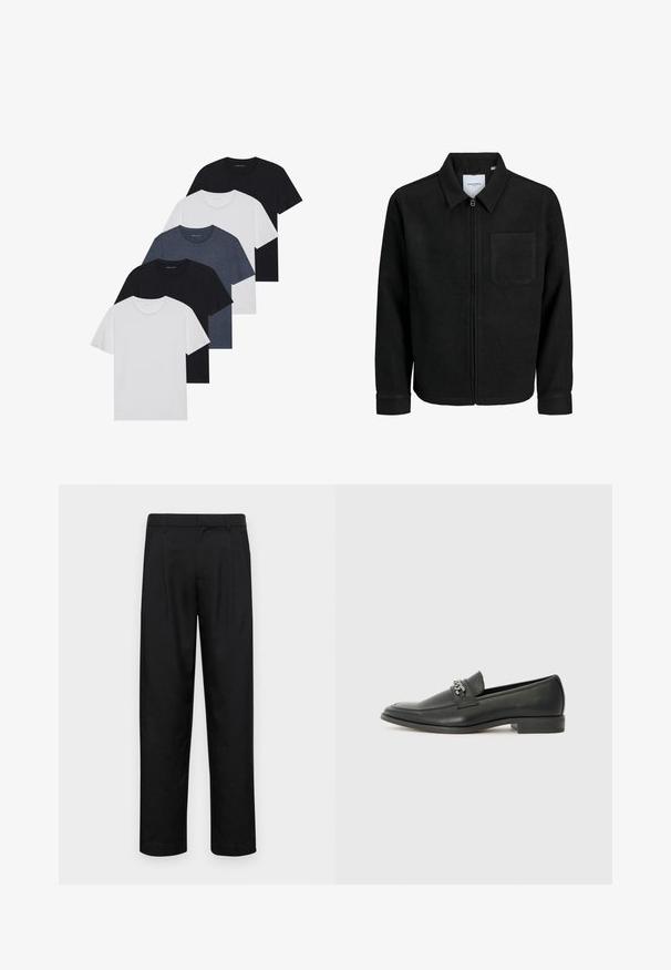 Jachetă neagră cu fermoar, cu guler și un singur buzunar pe piept, expusă pe fundal alb.; Set de cinci tricouri în negru, alb și albastru închis. Fabricat din bumbac, cu mâneci scurte, design cu gât rotund și textură uniformă, fără modele.; Pantaloni negri dintr-un material neted, cu un design drept, două pliuri frontale și un tiv standard cu bucle pentru curea.; Pantofii negri din piele cu un finisaj neted, având un design cusut și un accent decorativ de lanț metalic peste partea de sus. Toc plat.